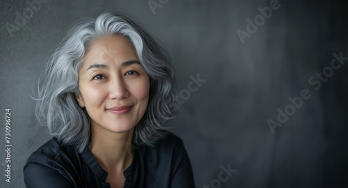 Happy smiling stylish confident 50 years old Asian female professional standing looking at camera at gray background. Portrait of sophisticated grey hair woman advertising products. photo