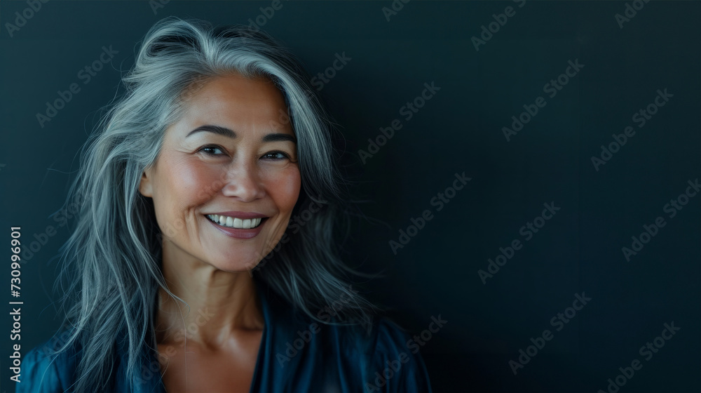 Happy smiling stylish confident 50 years old Asian female professional standing looking at camera at gray background. Portrait of sophisticated grey hair woman advertising products. - obrazy, fototapety, plakaty 