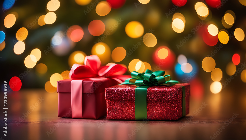 Christmas presents background. Two wrapped presents in front of a Christmas tree. Christmas presents background. Two wrapped presents in front of a Christmas tree.