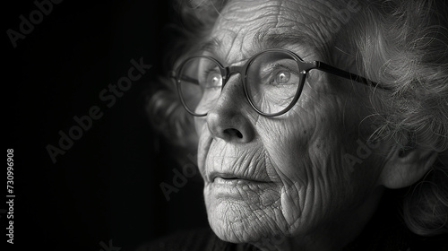 Black and white close-up photo portrait of a beautiful old lady with gray hair and a sensual gaze