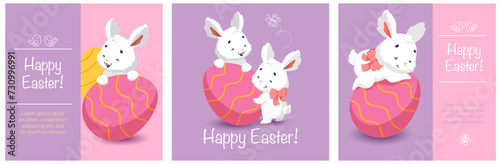 Happy easter card with cute white bunnies and easter egg. Cartoon character rabbit. Set of postcards.