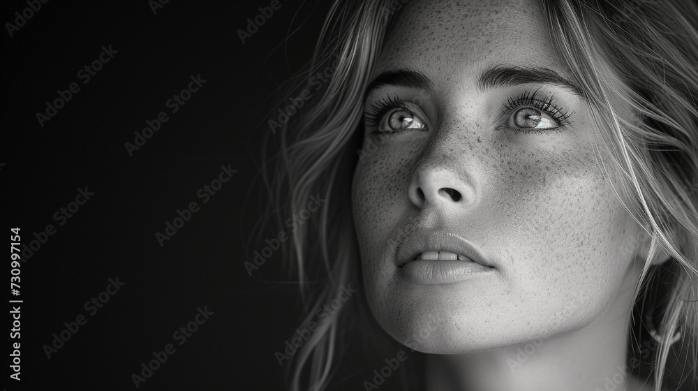 Black and white close-up photo portrait of a beautiful blonde girl with freckles and a sensual gaze Black and white close-up photo portrait of a beautiful blonde girl with freckles and a sensual gaze