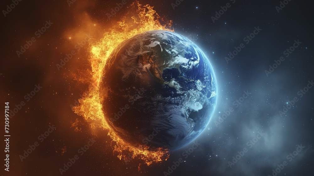 Planeta tierra dividido en dos partes, una atmÃ³sfera azul y la otra atmÃ³sfera ardiendo como sÃ­mbolo del cambio climÃ¡tico