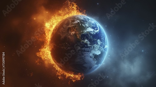 Planeta tierra dividido en dos partes, una atmÃ³sfera azul y la otra atmÃ³sfera ardiendo como sÃ­mbolo del cambio climÃ¡tico photo