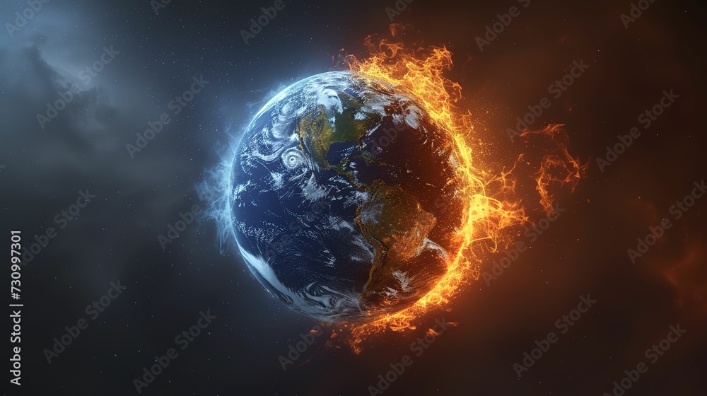 Earth planet divided into two parts, one blue atmosphere and the other burning atmosphere as a symbol of climate change Earth planet divided into two parts, one blue atmosphere and the other burning atmosphere as a symbol of climate change