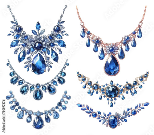 Sapphire necklace watercolor illustration material set