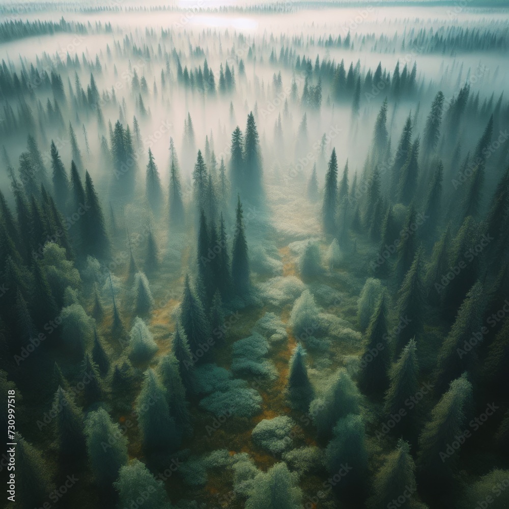 Drone shot looking down on a boreal forest with misty ground