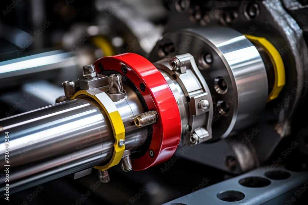 Fototapeta premium A Close-Up View of a Hydraulic Cylinder in Industrial Machinery, Highlighting the Intricate Details of Engineering Excellence