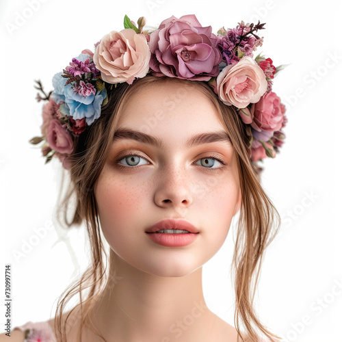 Beautiful young woman wearing floral headband isolated on white background, ai technology