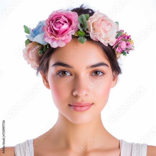 Beautiful young woman wearing floral headband isolated on white background, ai technology © Rashid