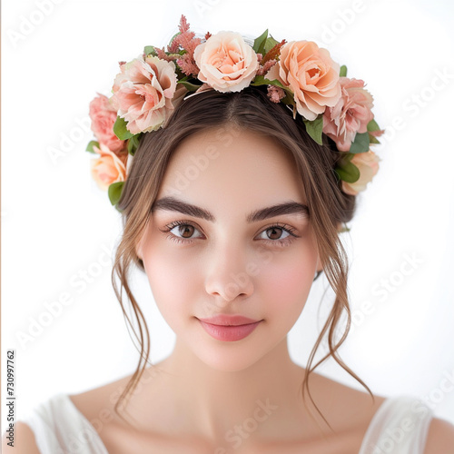 Beautiful young woman wearing floral headband isolated on white background, ai technology © Rashid