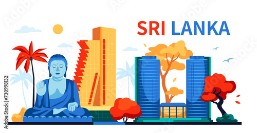 Sights of Sri Lanka - modern colored vector illustration with World Trade Center in Colombo and giant buddha statue. Asian national pride, unesco heritage, antiquity, Buddhism and modern architecture