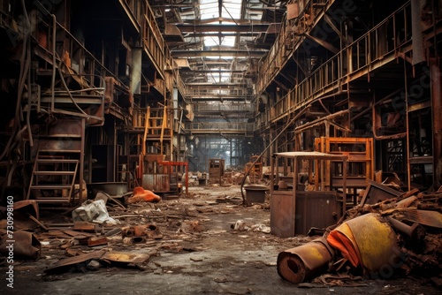 A Rusty Metal Cage in an Industrial Setting, Surrounded by Old Machinery, Concrete Walls and Piles of Scrap Metal photo