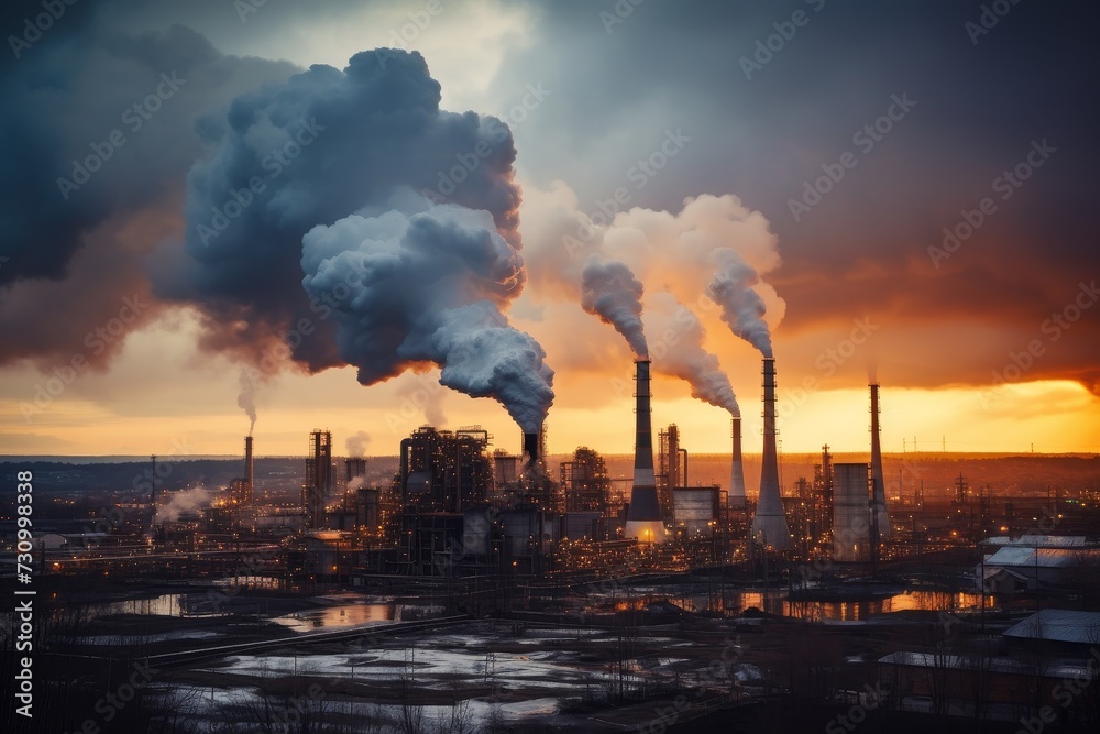 A panoramic view of a bustling sinter plant, with towering chimneys emitting smoke against a dramatic sunset sky, surrounded by industrial landscape