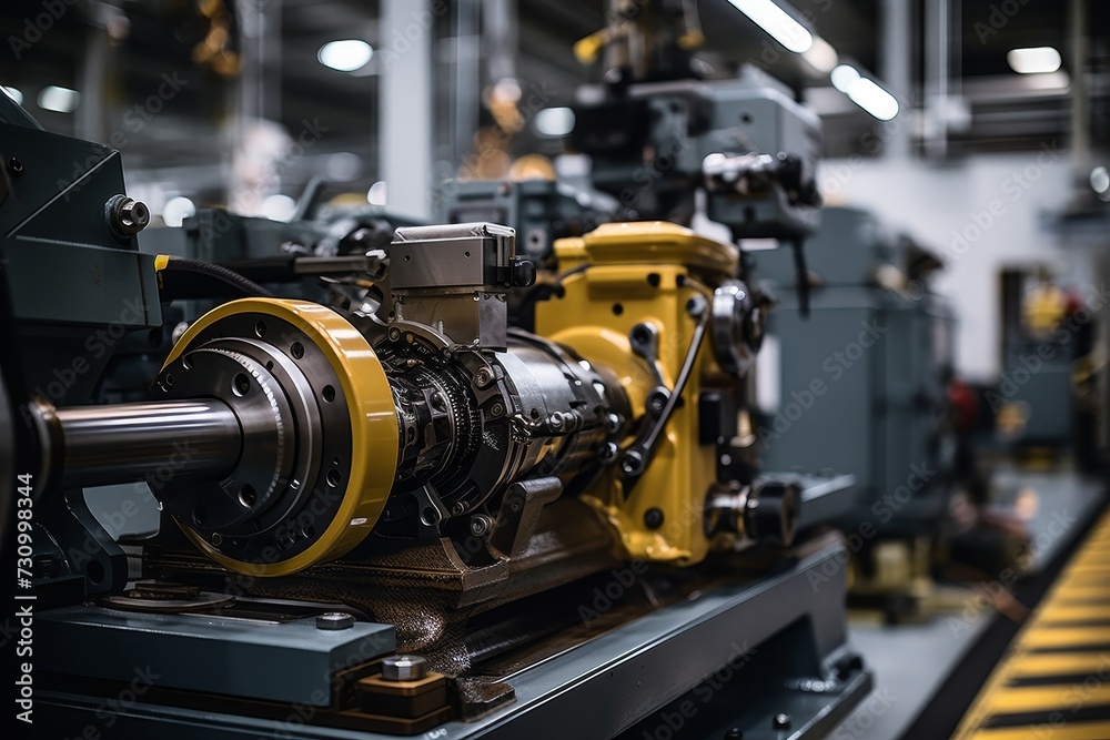 A close-up view of a meticulously engineered industrial slider mechanism, set against the backdrop of a bustling factory floor filled with machinery and workers