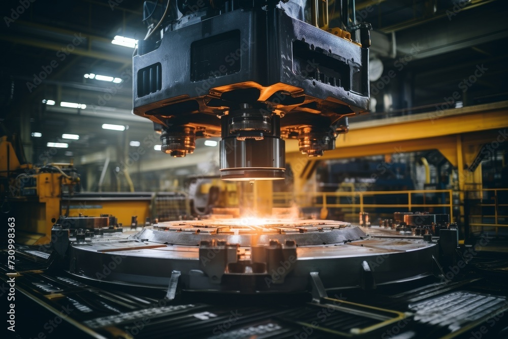 A Detailed View of a Robust Steel Mold, Gleaming under the Industrial Lights, Set Against the Intricate Machinery of a Modern Manufacturing Plant