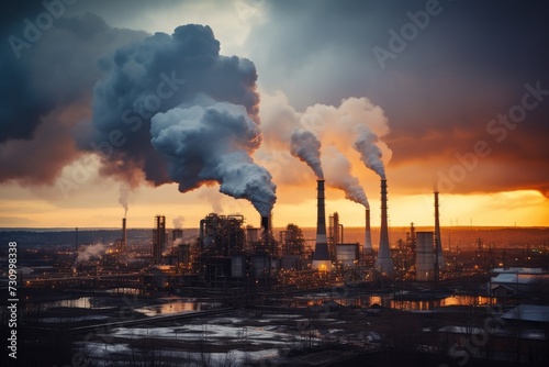 A panoramic view of a bustling sinter plant, with towering chimneys emitting smoke against a dramatic sunset sky, surrounded by industrial landscape
