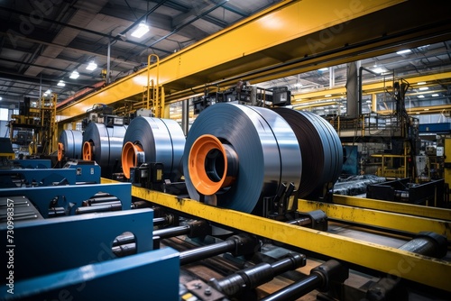 A Slitting Line in Action: The Intricate Dance of Industrial Machinery Against a Backdrop of Steel Coils and Factory Infrastructure