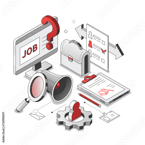 Job search - isometric red and black line illustration. HR and employment idea. Recruitment company website, open vacancy, partnership agreement, qualification, megaphone, candidate profile images