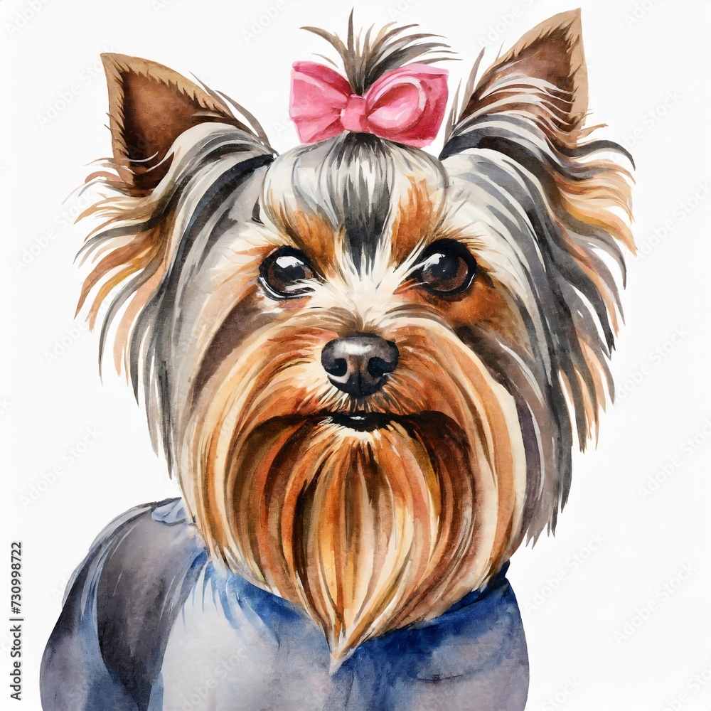 Watercolor illustration of pure breed Yorkshire Terrier dog.. Colorful painting of domestic animal.