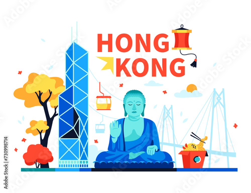 Landmarks of Hong Kong - modern colored vector illustration with Bank of China Tower, buddha statue in lotus position, Zhuhai-Macao Bridge and Ngong Ping 360 cable car. Wok noodles, red paper lantern