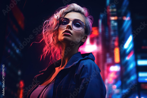 portrait of a beautiful woman with the city light on the background