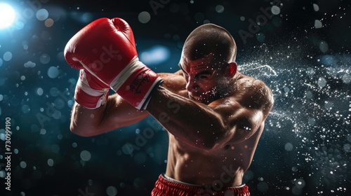 An intense action shot of a boxer in red gloves, mid-punch with sweat and water droplets in the air, conveying power and determination