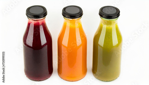 Three bottles of natural vegetable or fruit juices with black caps without labels isolated on a white background.generative ai