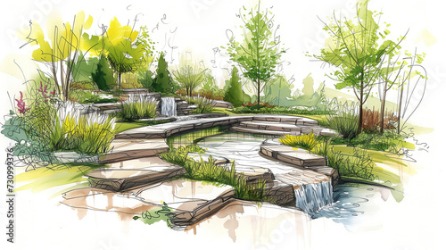 A Drawing of a Garden With Abundant Trees