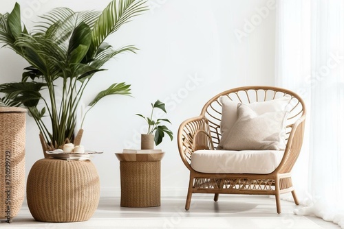Neutral living room with rattan armchair, tropical plants, decoration and elegant accessories in stylish home decor. Generative AI photo