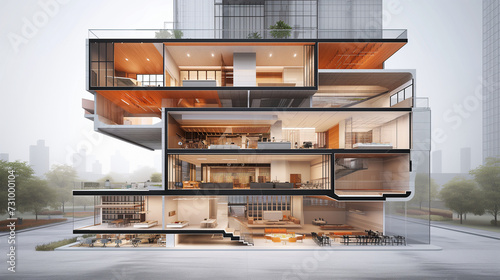 Architectural plan scheme of a Modern office building, cutaway