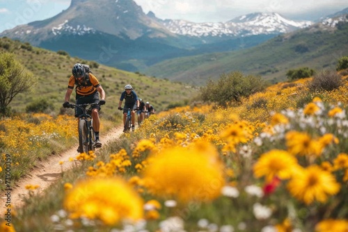 Mountain biking adventure among spring wildflowers with scenic views