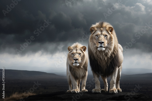 a large lion with a white lioness on a dark background © Artsy