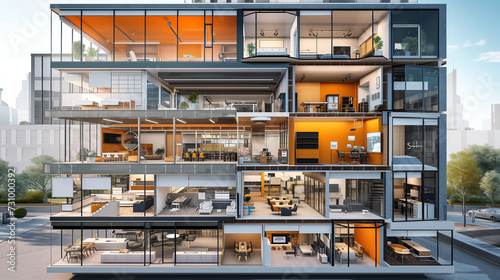 Architectural plan scheme of a Modern office building, cutaway photo