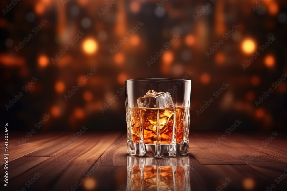 colorful background of whiskey with ice, on the table