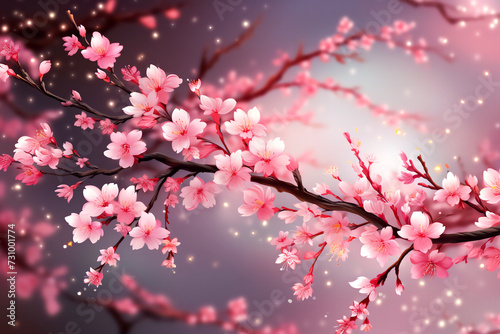 Branches of a pink blossoming cherry, Japanese sakura with delicate petals on a light grey glowing background.