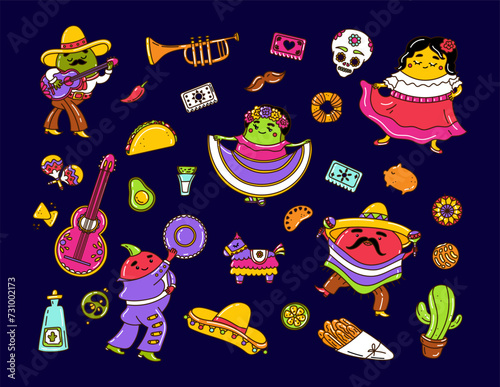 Stylish vector illustration about Mexico. Collection Traditional Mexican symbols maracas, Mexican guitar, Latin dancers. Hispanic skull, sombrero,cacti, pinata, red chili pepper. Cinco de Mayo