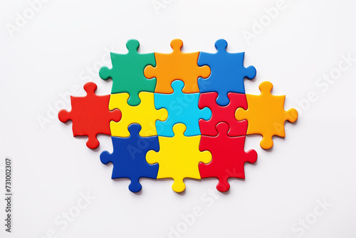 Colorfull pieces of puzzle frame on white background. World autism awareness day concept. Top view, copy space. Generative AI
