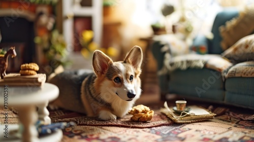 Corgi enjoying a biscuit  with its distinctive short legs and adorable expression  arranged on a dollhouse-inspired living room scene