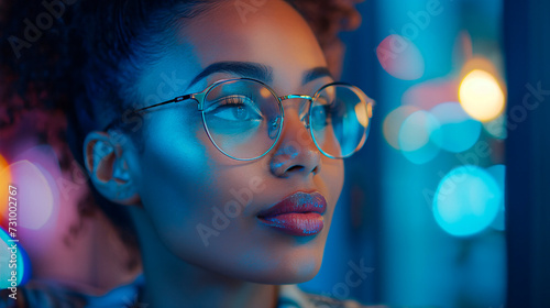 retrato de una preciosa mujer joven negra, de pelo rizado y labios rojos y con gafas. Fondo difuminado photo