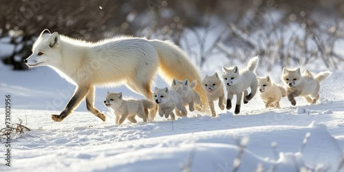 a white fox running and playing with her cubs on snow in the winter
