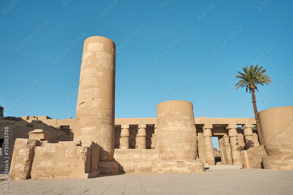 Famous ancient Karnak Temple complex, Luxor, Egypt. Ancient ruins of Karnak temple in Luxor. Egypt. Great Hypostyle Hall at the Temples of Karnak (ancient Thebes).