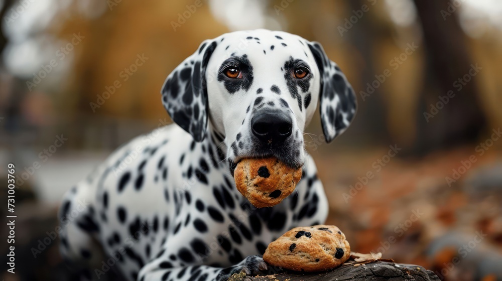 Dalmatian enjoying a biscuit, showcasing the unique black and white spots and playful nature, arranged on a park-inspired scene