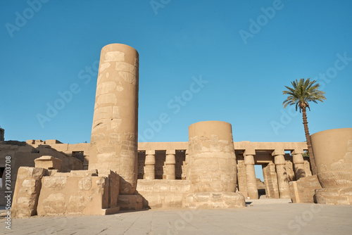 Famous ancient Karnak Temple complex, Luxor, Egypt. Ancient ruins of Karnak temple in Luxor. Egypt. Great Hypostyle Hall at the Temples of Karnak (ancient Thebes).