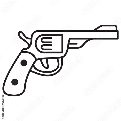 Gun revolver icon.Handgun six shooter pistol.Cowboy  revolver.Wlid west symbol. Wlid west weapon. Isolated on white background.Outline vector illustration.