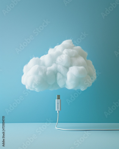 White cloud with data cable against blue surface. Cloud computing technology concept. Data center concept.
