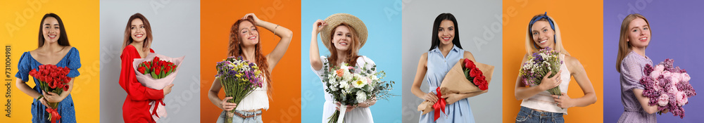 Charming ladies with beautiful flowers on different colors backgrounds, collage. 8 March - Happy Women's Day