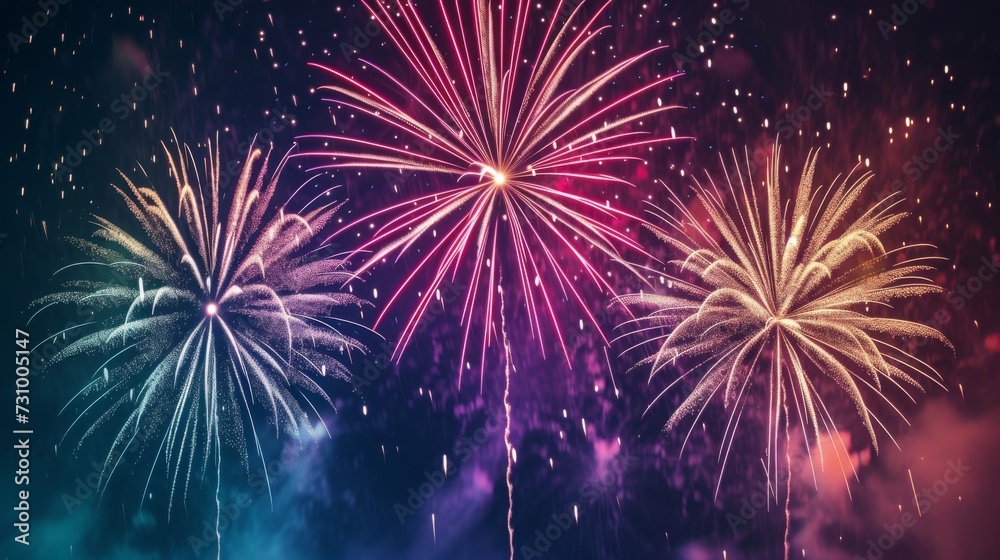 Multicolored fireworks exploding in a night sky background