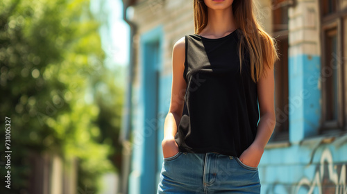 Attractive young woman wearing blank empty black tank top mockup for design template in the city street