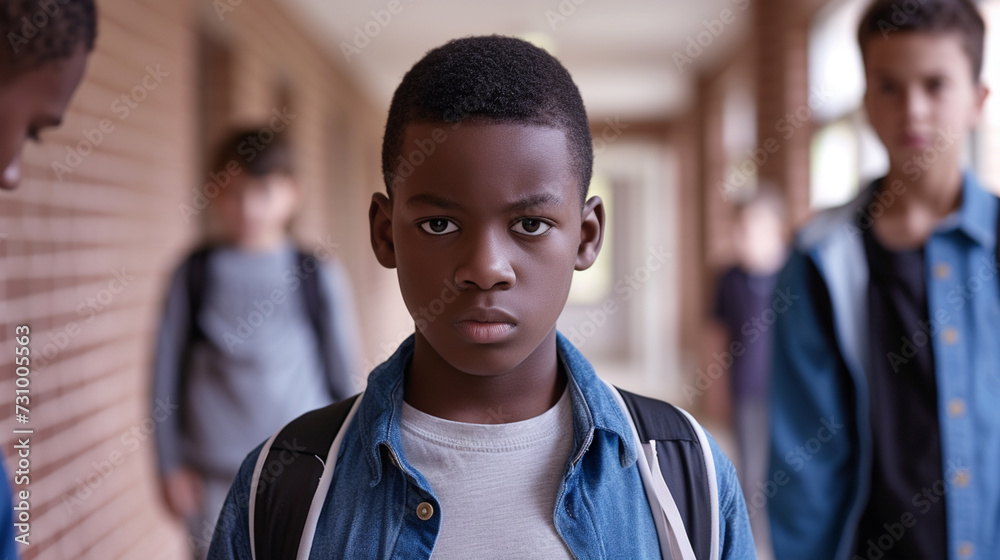Fototapeta premium frightened african american schoolboy being bullied in school corridor
